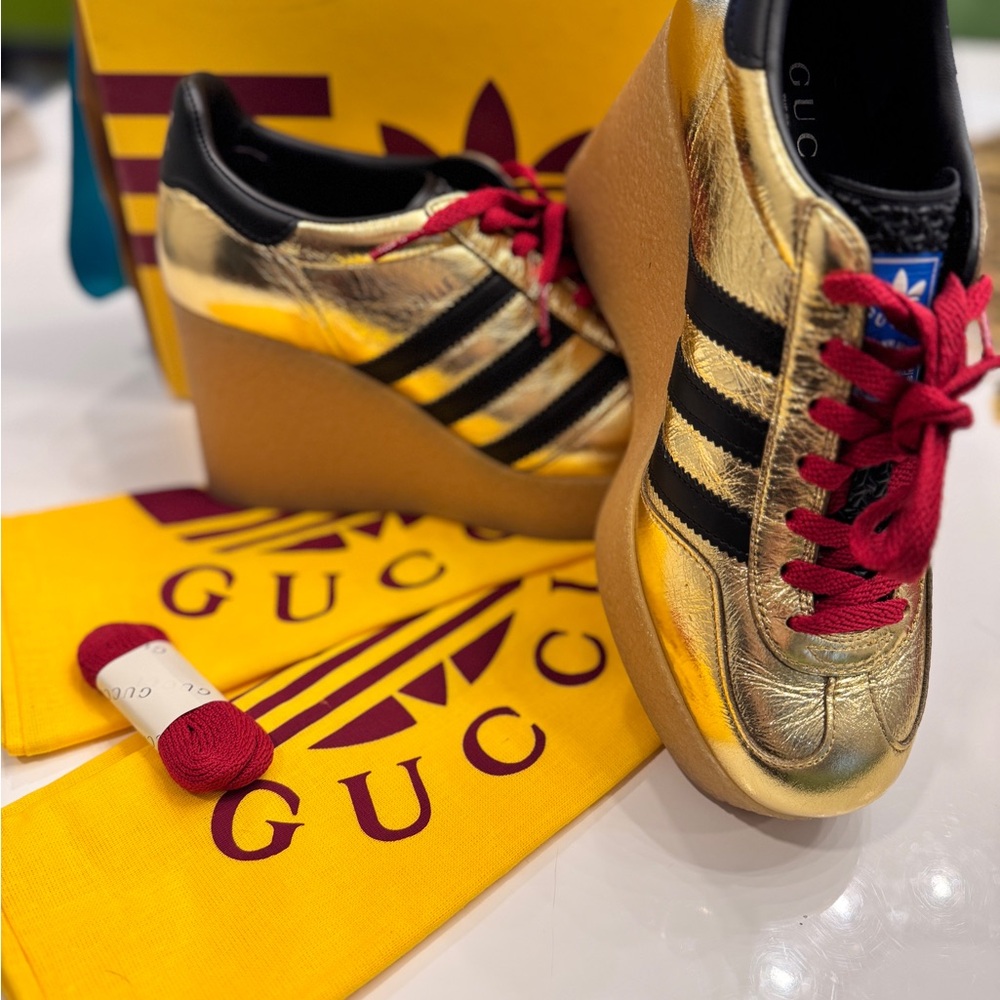 Gucci x Adidas Gazelle Wedge Sneakers – Metallic Gold – Women’s Size 9.5